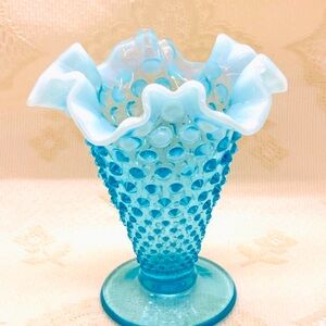 Vintage Blue Opalescent Glass Hobnail Trumpet Vase